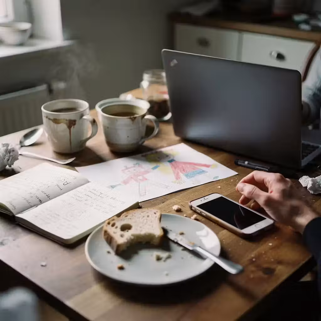 Keukentafel met koffie, kindertekening en laptop